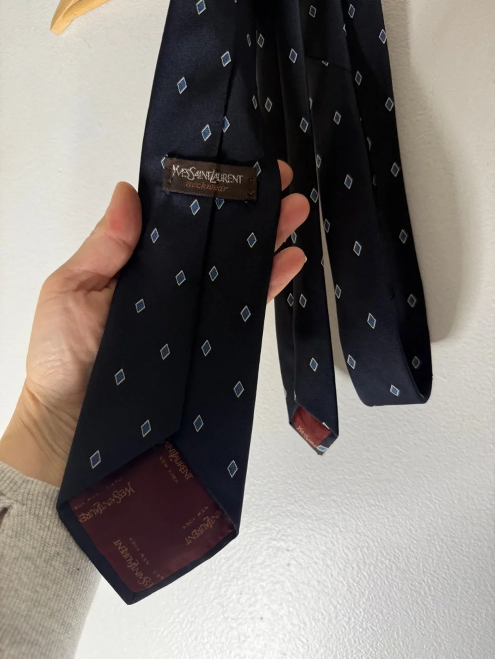 vintage ysl yves saint laurent Diamond Print Necktie Navy‎